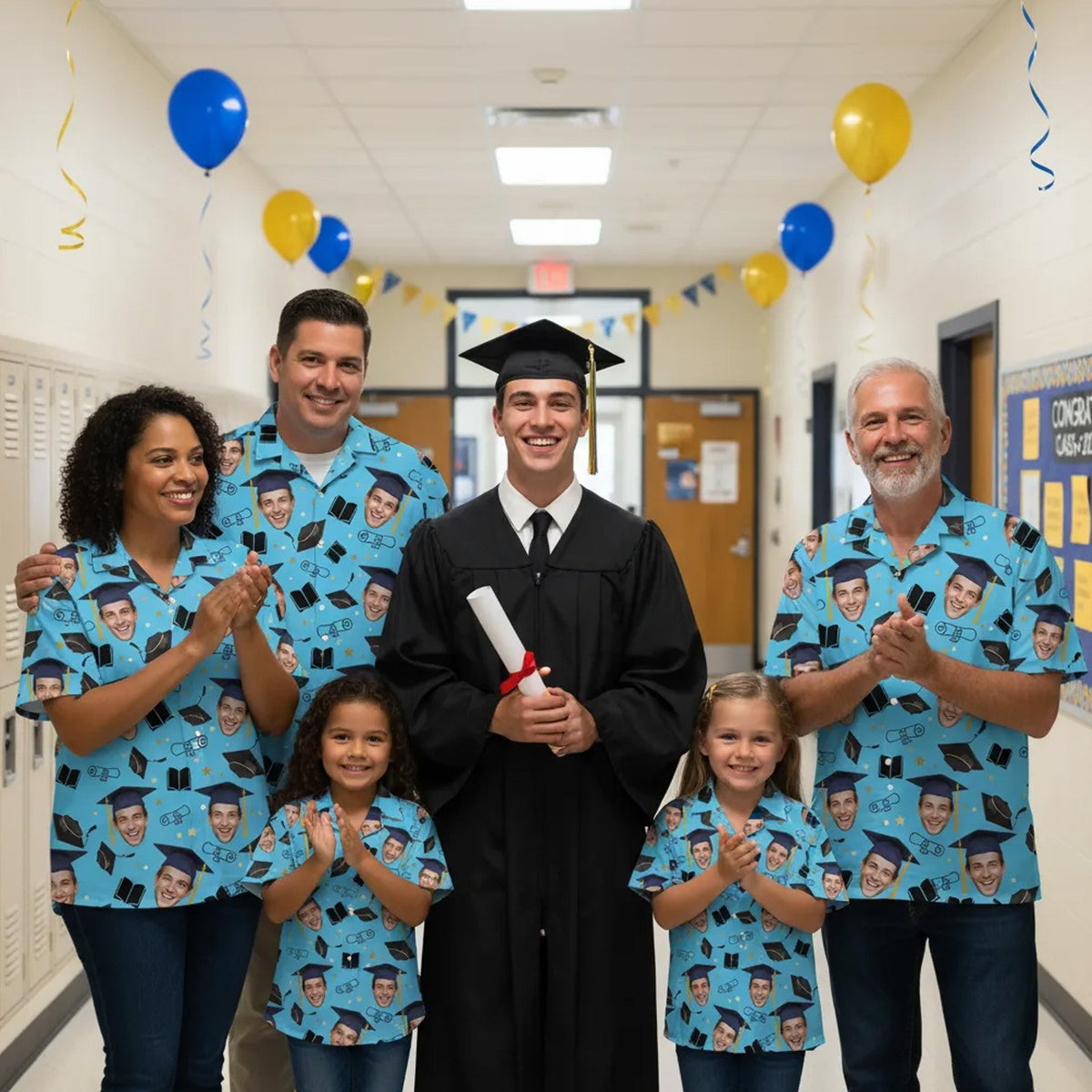 Family matching hawaiian shirts in a lifestyle setting for graduation celebration
