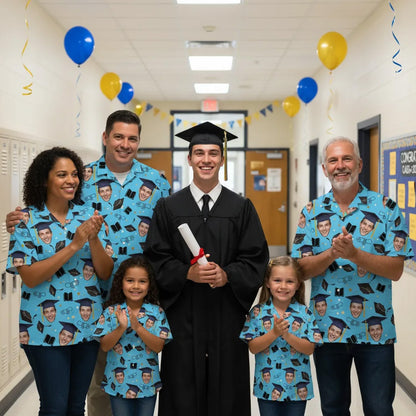 Family matching hawaiian shirts in a lifestyle setting for graduation celebration