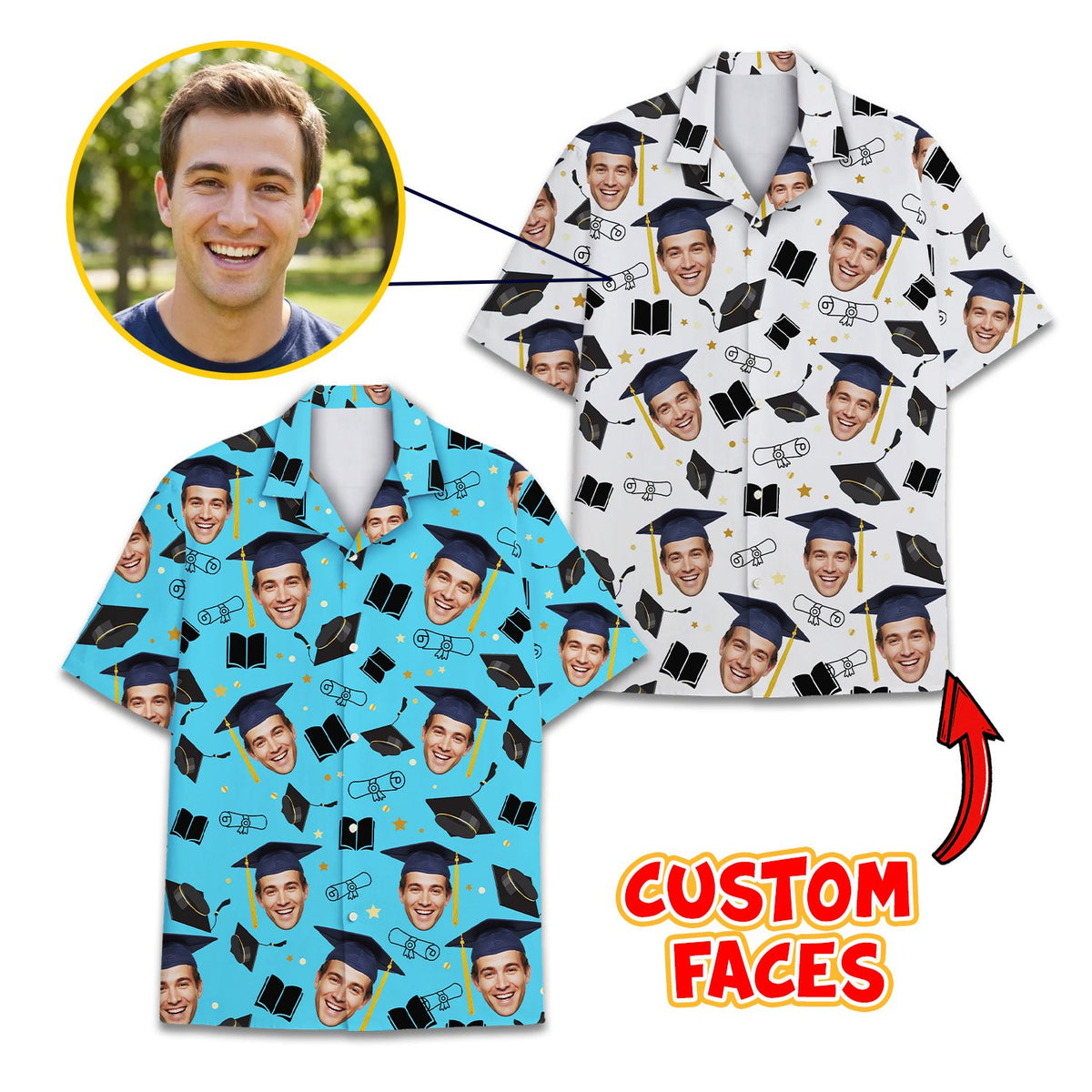 Multicolor matching family hawaiian shirt with graduation design, front view