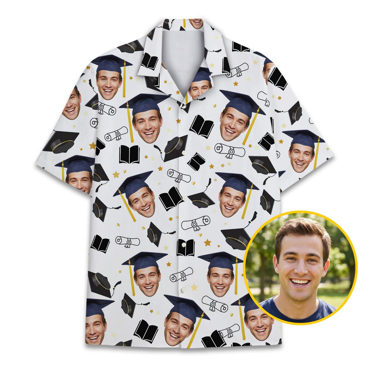 White graduation hawaiian shirt featuring a custom photo and graduation motifs, front view