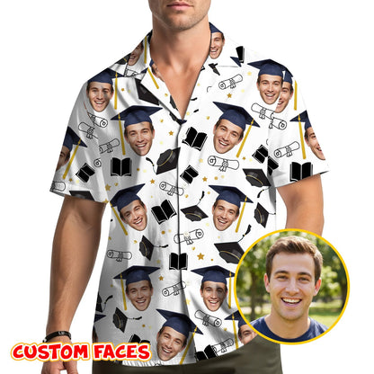 Lifestyle image of family wearing white graduation hawaiian shirts
