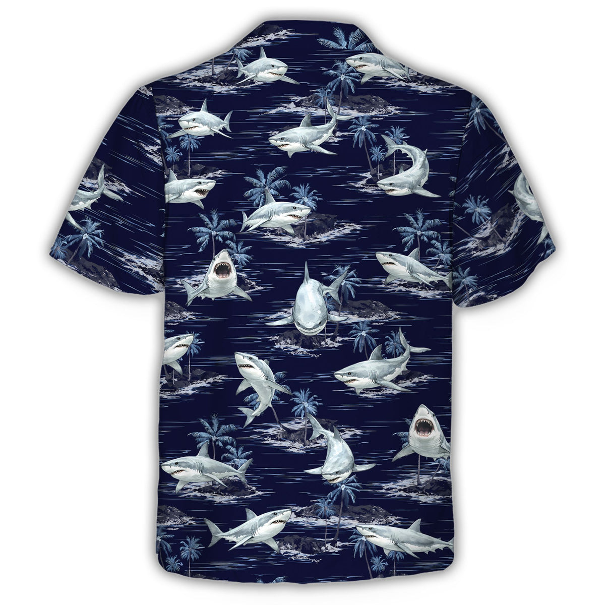 Great white shark hawaiian shirt with palm trees and ocean print, back view