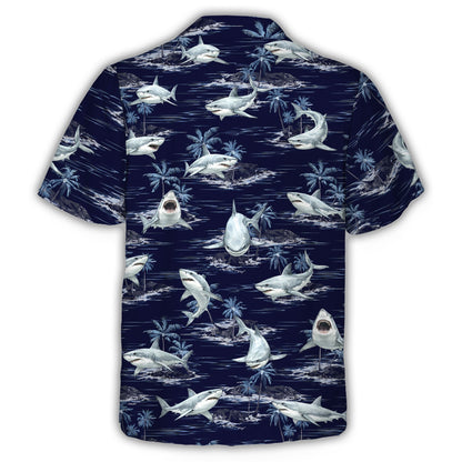 Great white shark hawaiian shirt with palm trees and ocean print, back view