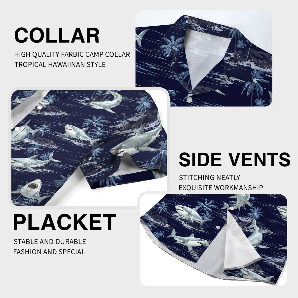 Detail of the shark and palm tree print on the navy hawaiian shirt