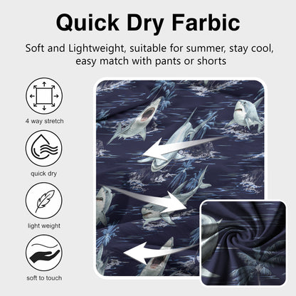 Close-up of the fabric and button details on the shark hawaiian shirt
