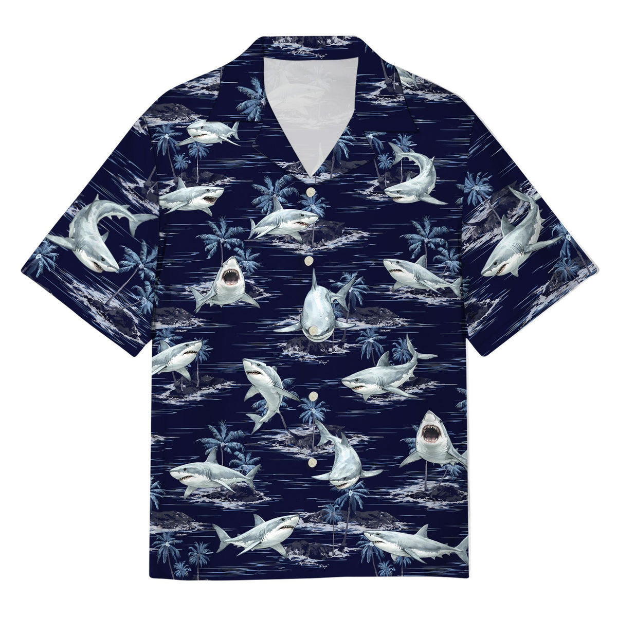 Great white shark hawaiian shirt with palm trees and ocean print, front view