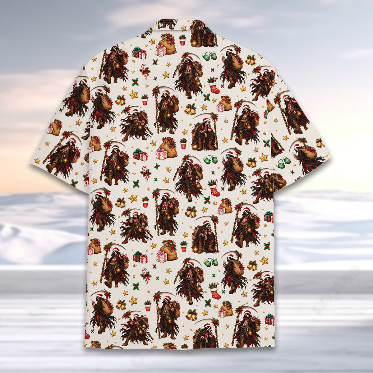 Close up back view of the grim reaper hawaiian shirt