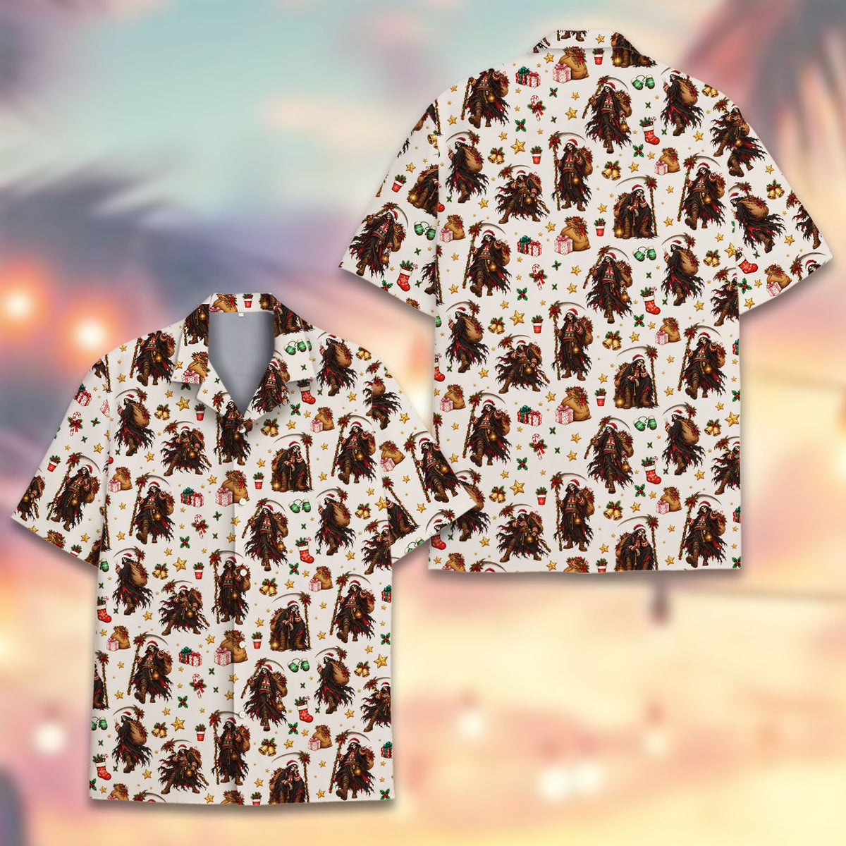 Close up front view of the holiday hawaiian shirt design