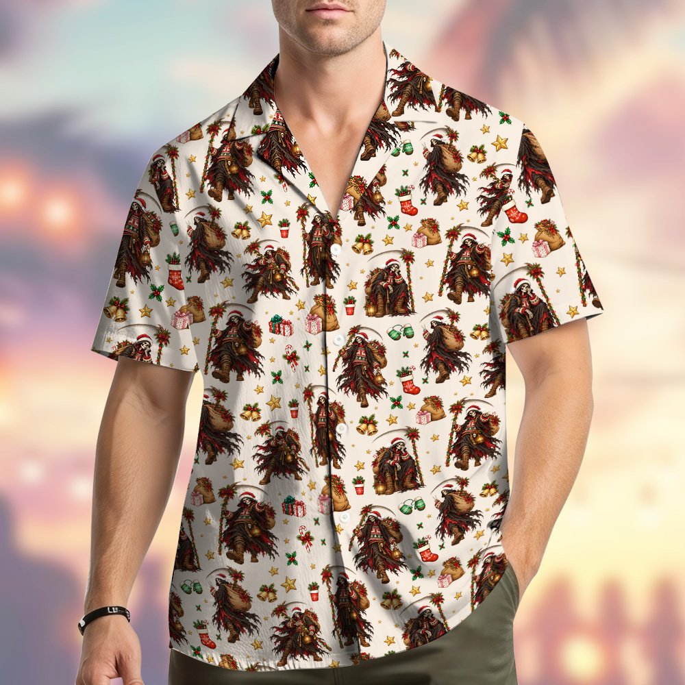 Lifestyle view of a person wearing the grim reaper christmas hawaiian shirt