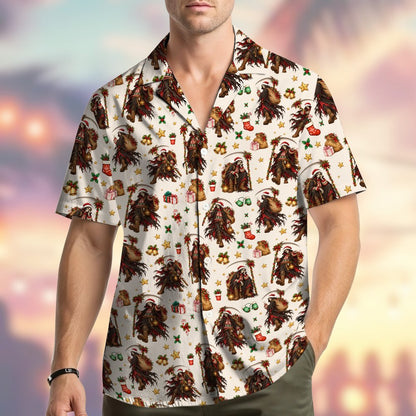 Lifestyle view of a person wearing the grim reaper christmas hawaiian shirt