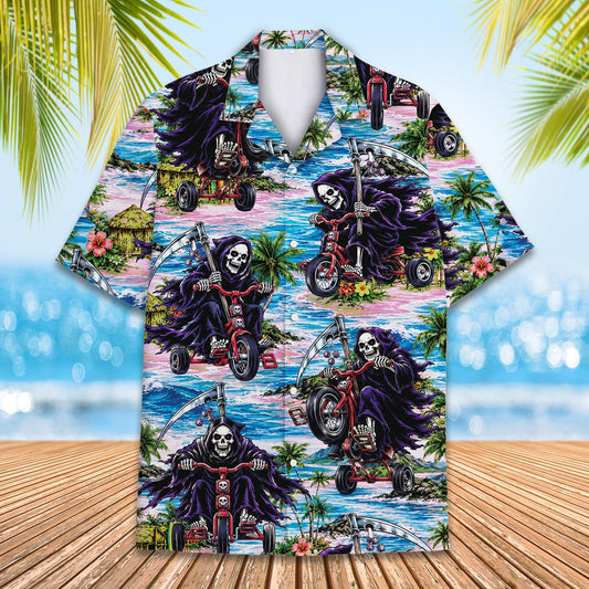 Main view of the grim reaper tropical hawaiian shirt featuring purple reapers on tricycles