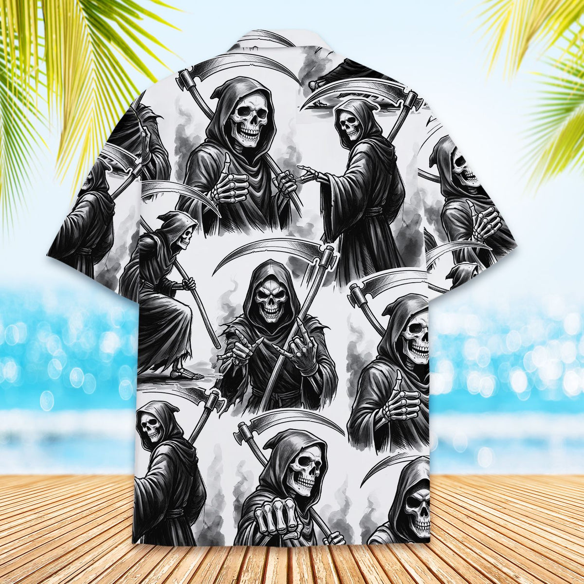 Alternative back view of the grim reaper hawaiian shirt