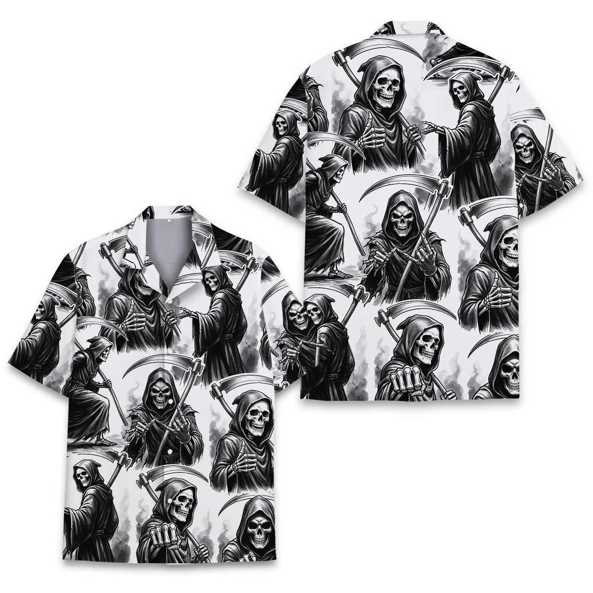 Close up front view of the grim reaper pattern hawaiian shirt