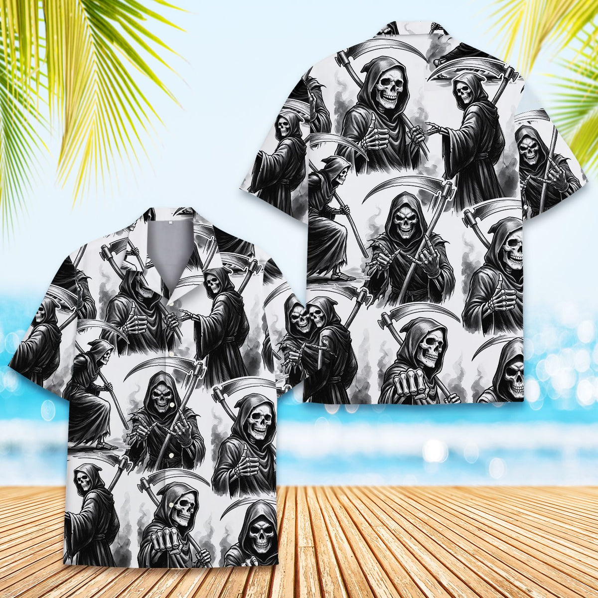 Detailed front shot of the white grim hawaiian shirt