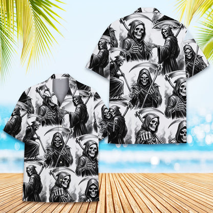 Detailed front shot of the white grim hawaiian shirt