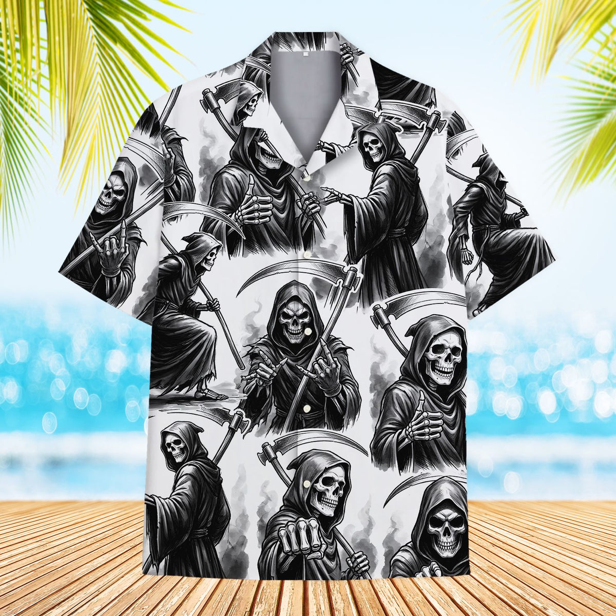 Front view of the grim reaper hawaiian shirt in white