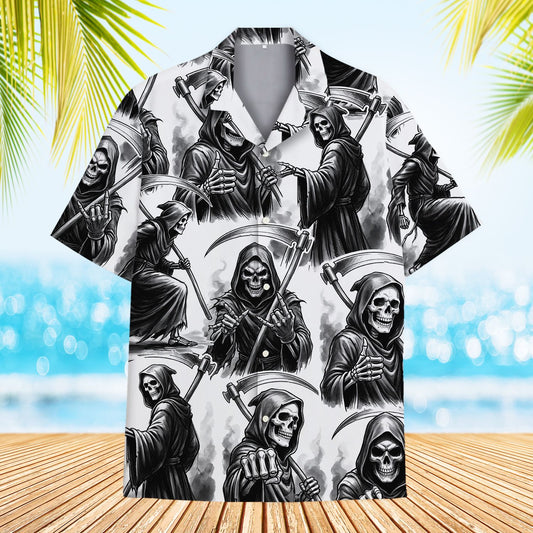 White grim reaper hawaiian shirt featuring grayscale tattoo style design