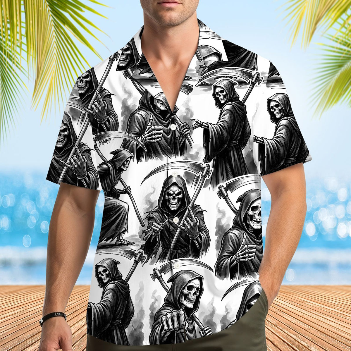Lifestyle image of the white grim reaper hawaiian shirt
