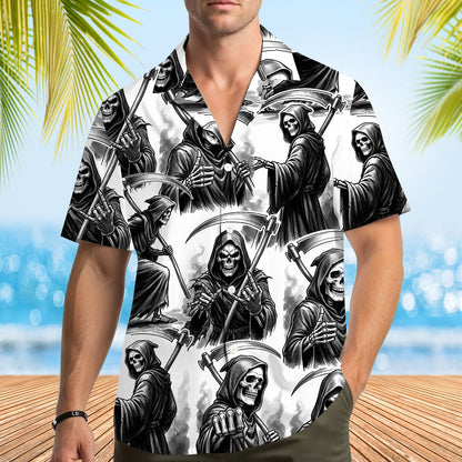 Lifestyle image of the white grim reaper hawaiian shirt