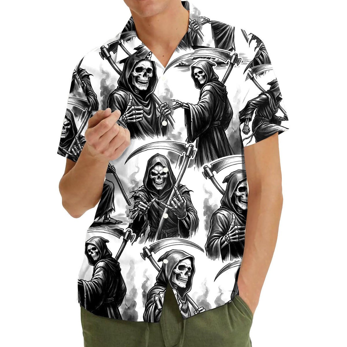 Another lifestyle shot featuring the halloween hawaiian shirt