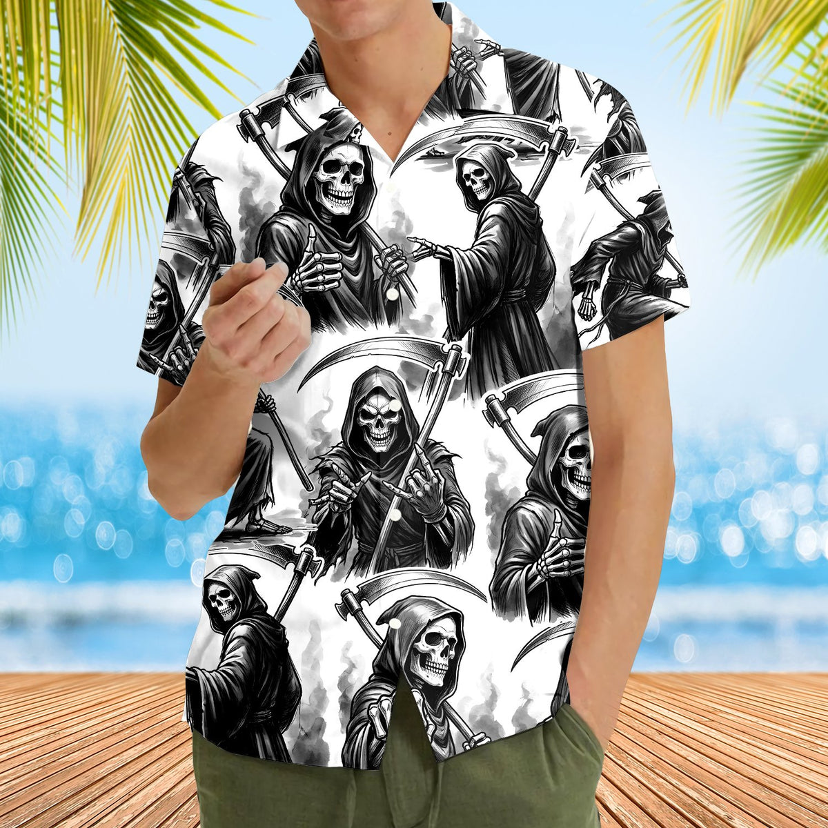 Lifestyle shot of the matching family grim reaper hawaiian shirt