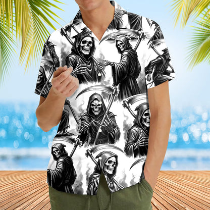 Lifestyle shot of the matching family grim reaper hawaiian shirt