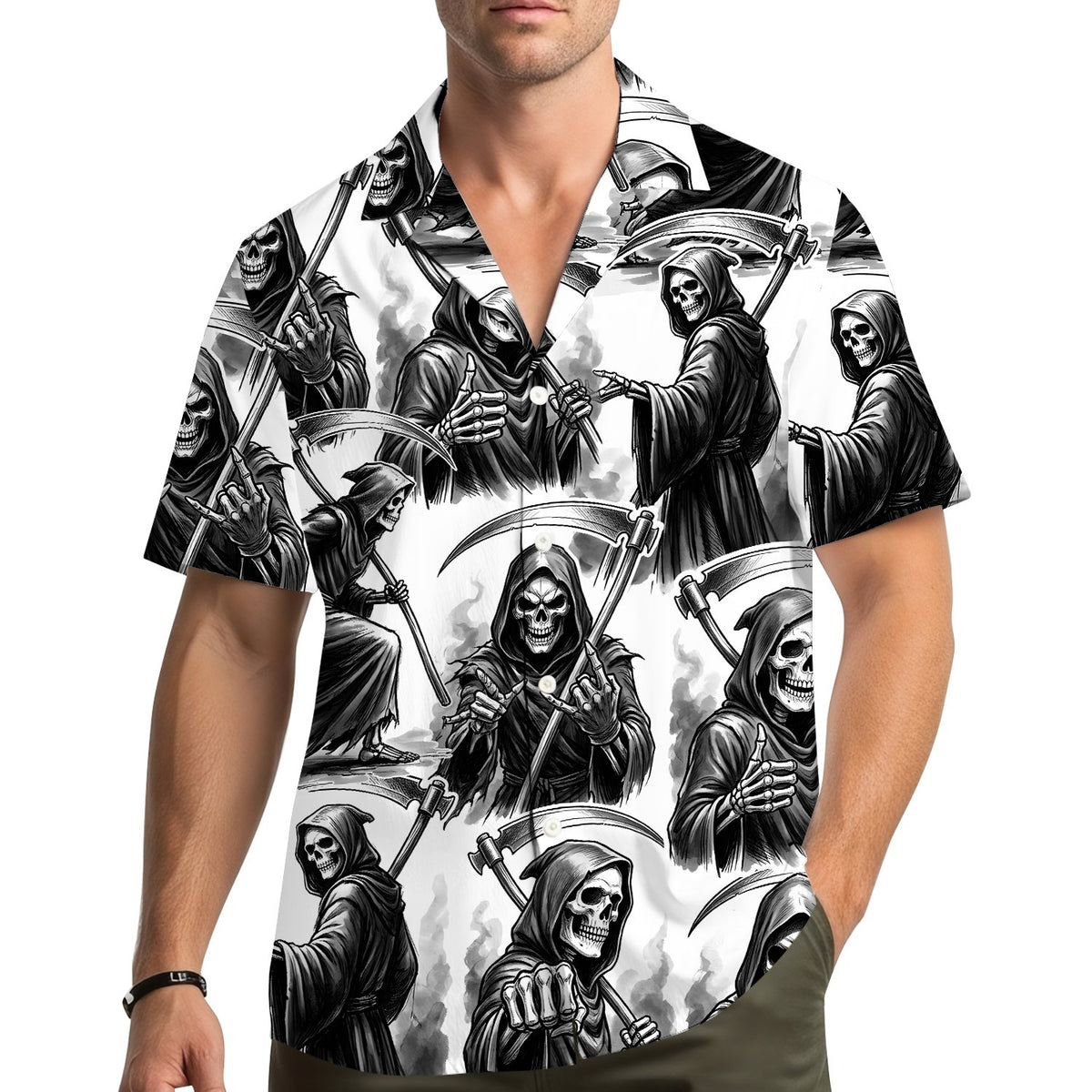 Person wearing the grim reaper hawaiian shirt