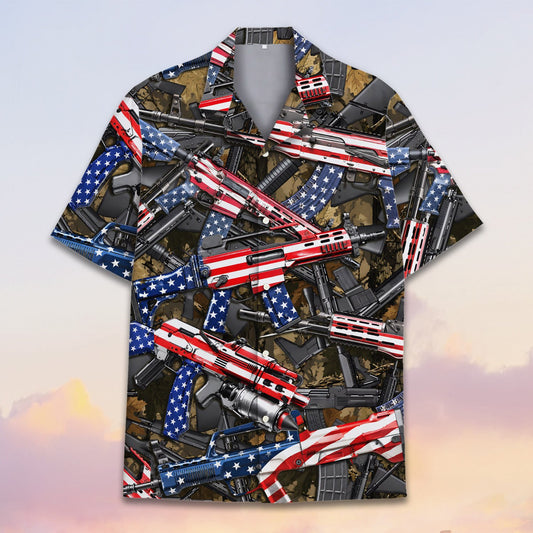Main view of the guns and camo hawaiian shirt featuring an American flag firearm pattern on brown camouflage
