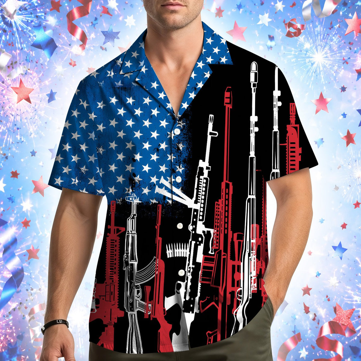 Black guns hawaiian shirt, back view showing continuous pattern