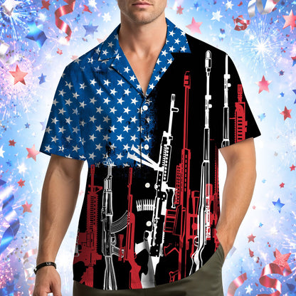 Black guns hawaiian shirt, back view showing continuous pattern