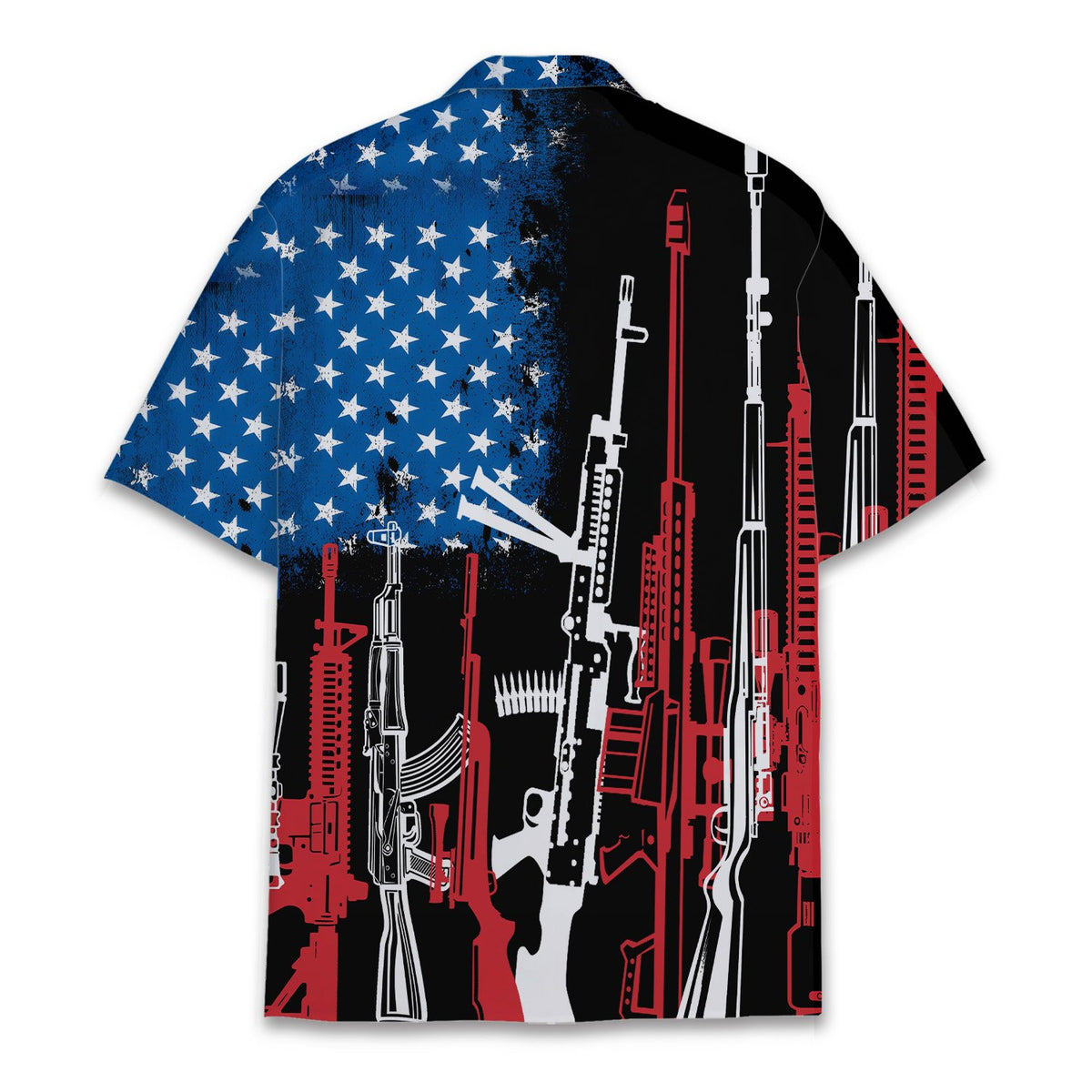 Black guns hawaiian shirt featuring an American flag motif, front view