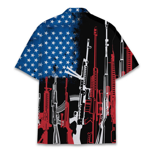 Black guns hawaiian shirt featuring an American flag motif, front view
