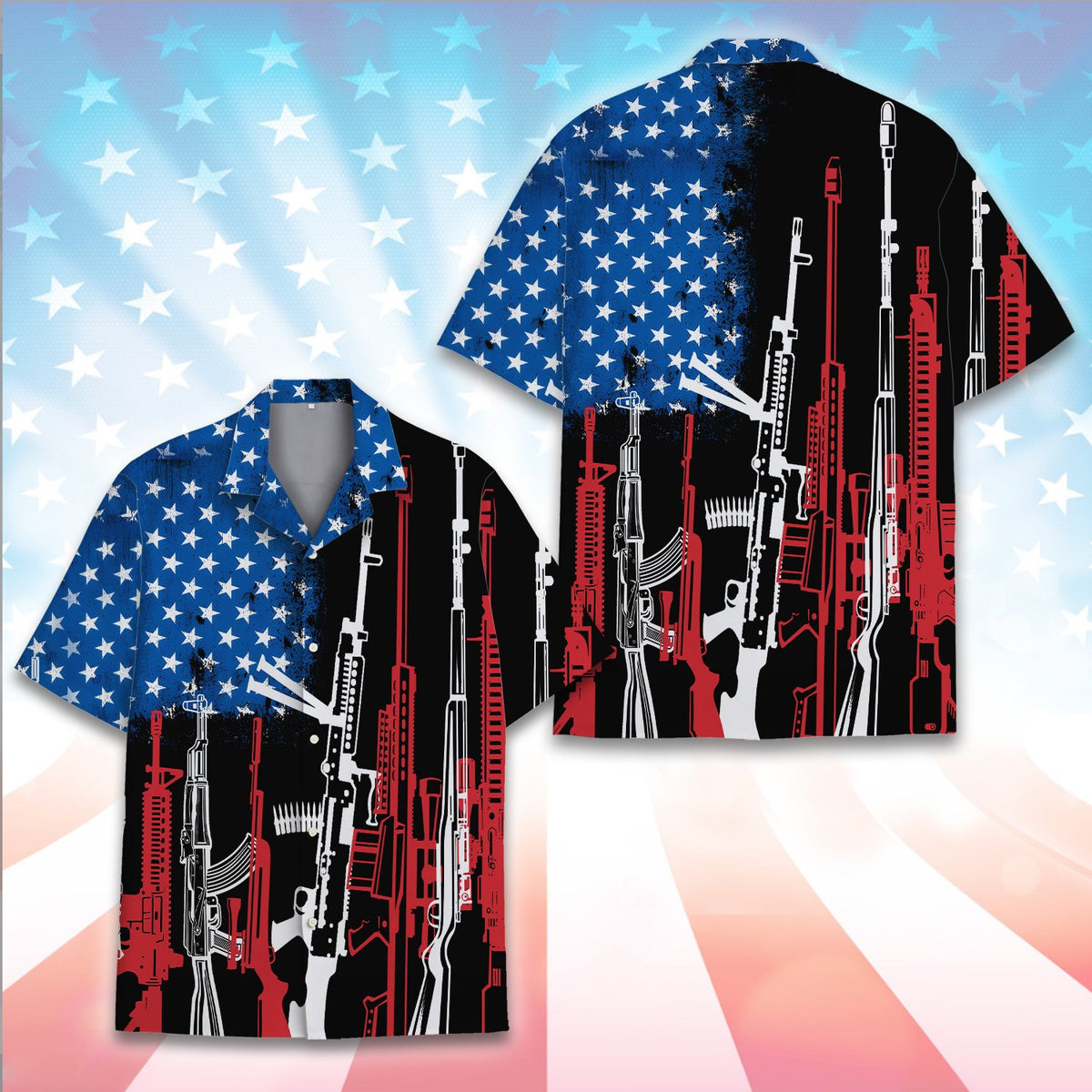 Group wearing matching patriotic hawaiian shirts, lifestyle view