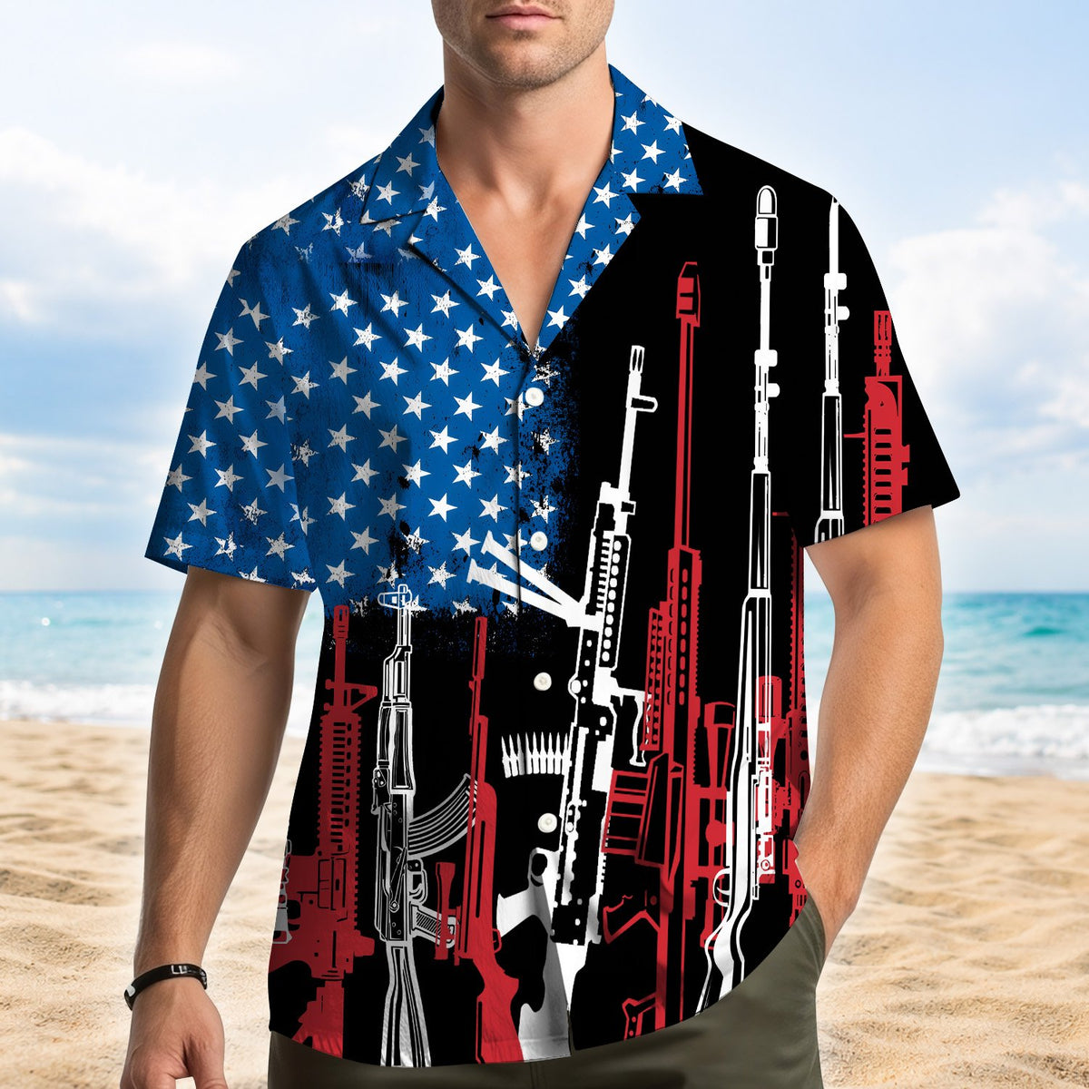Close-up of black guns hawaiian shirt design being worn, lifestyle view