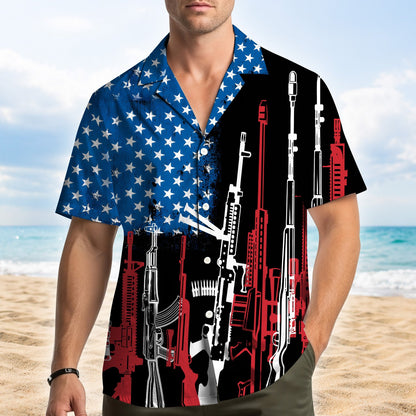Close-up of black guns hawaiian shirt design being worn, lifestyle view