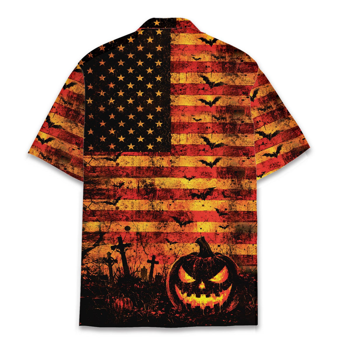 Back view of the Halloween American flag Hawaiian shirt