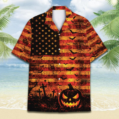 Front angle of the Halloween American flag Hawaiian shirt