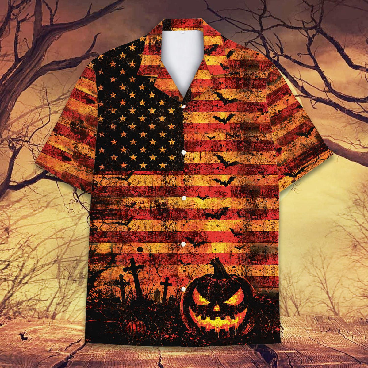 Close-up front view of the graveyard design on the Hawaiian shirt