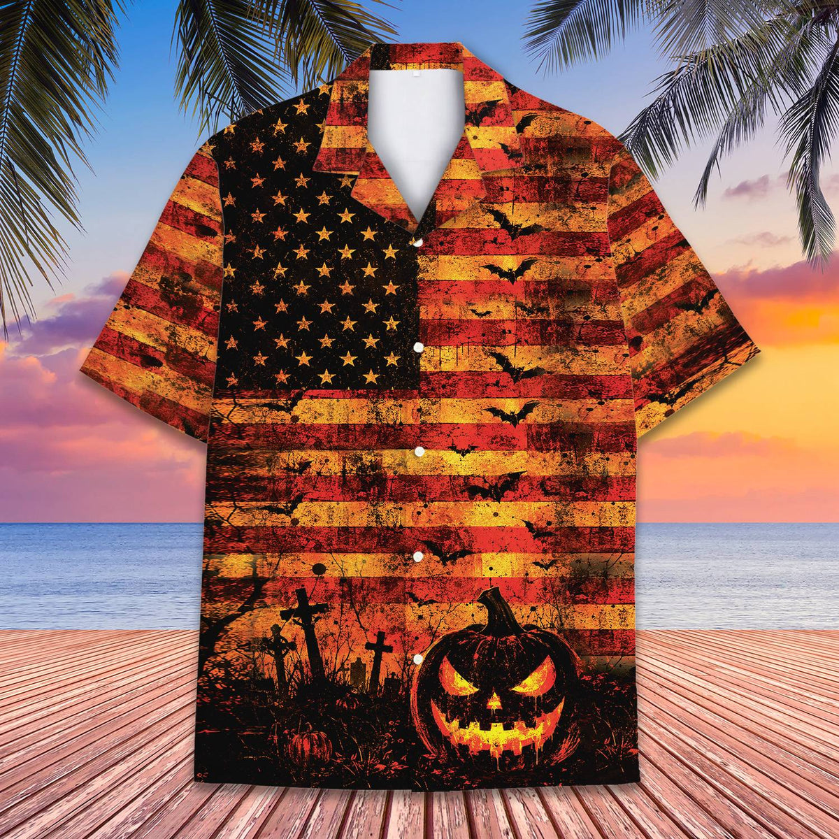 Front view of Halloween American flag Hawaiian shirt