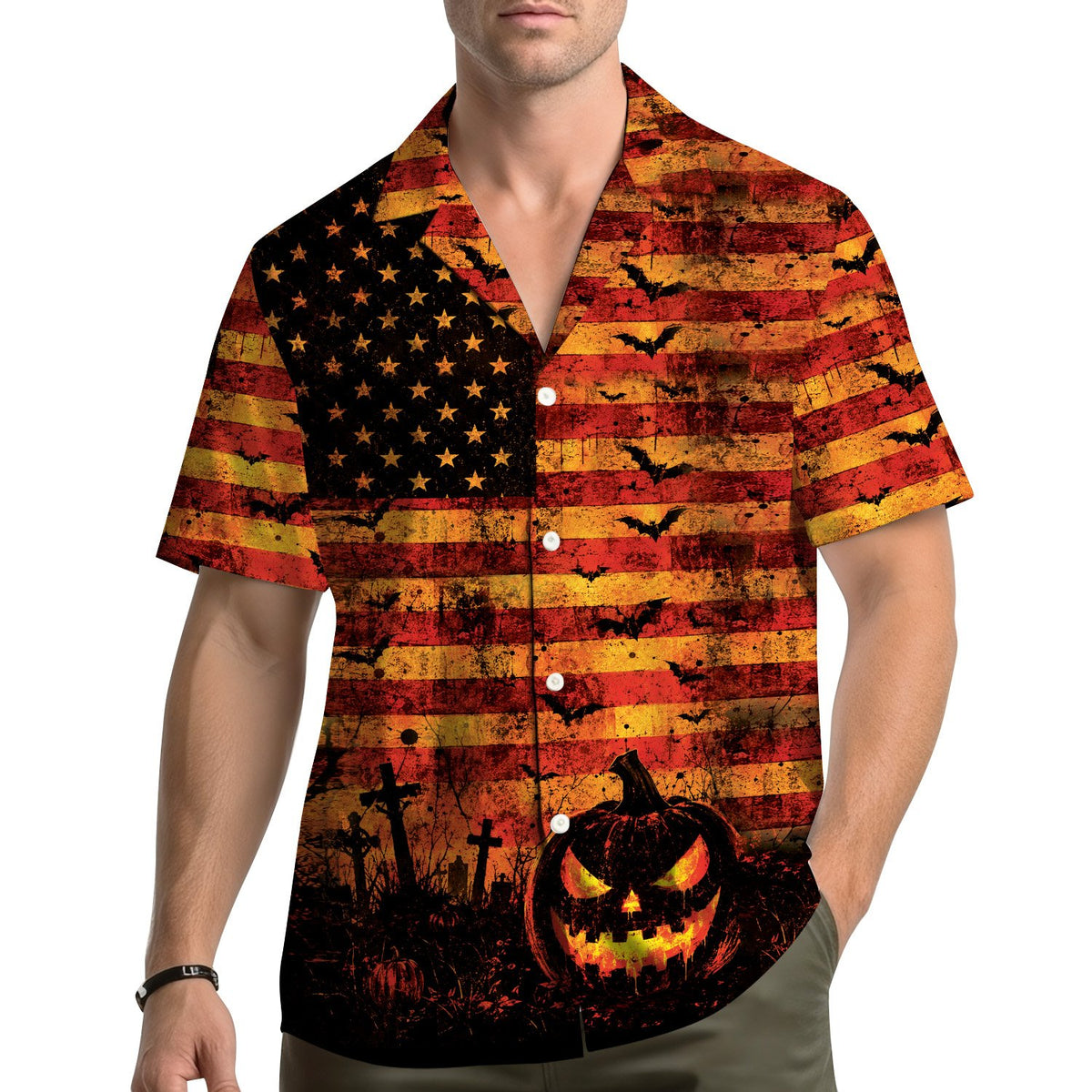 Lifestyle shot of the Halloween American flag Hawaiian shirt