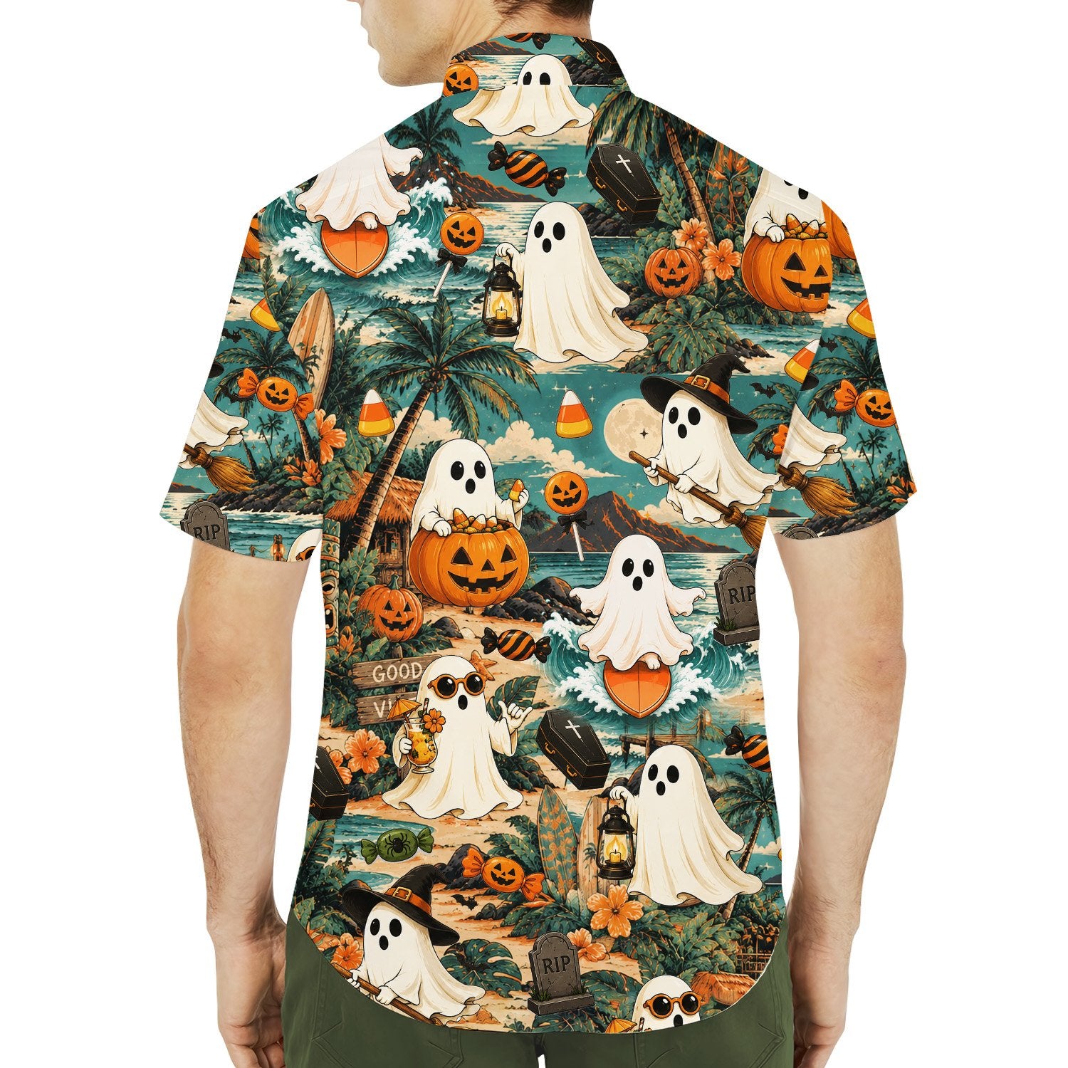 Back view of the halloween beach hawaiian shirt
