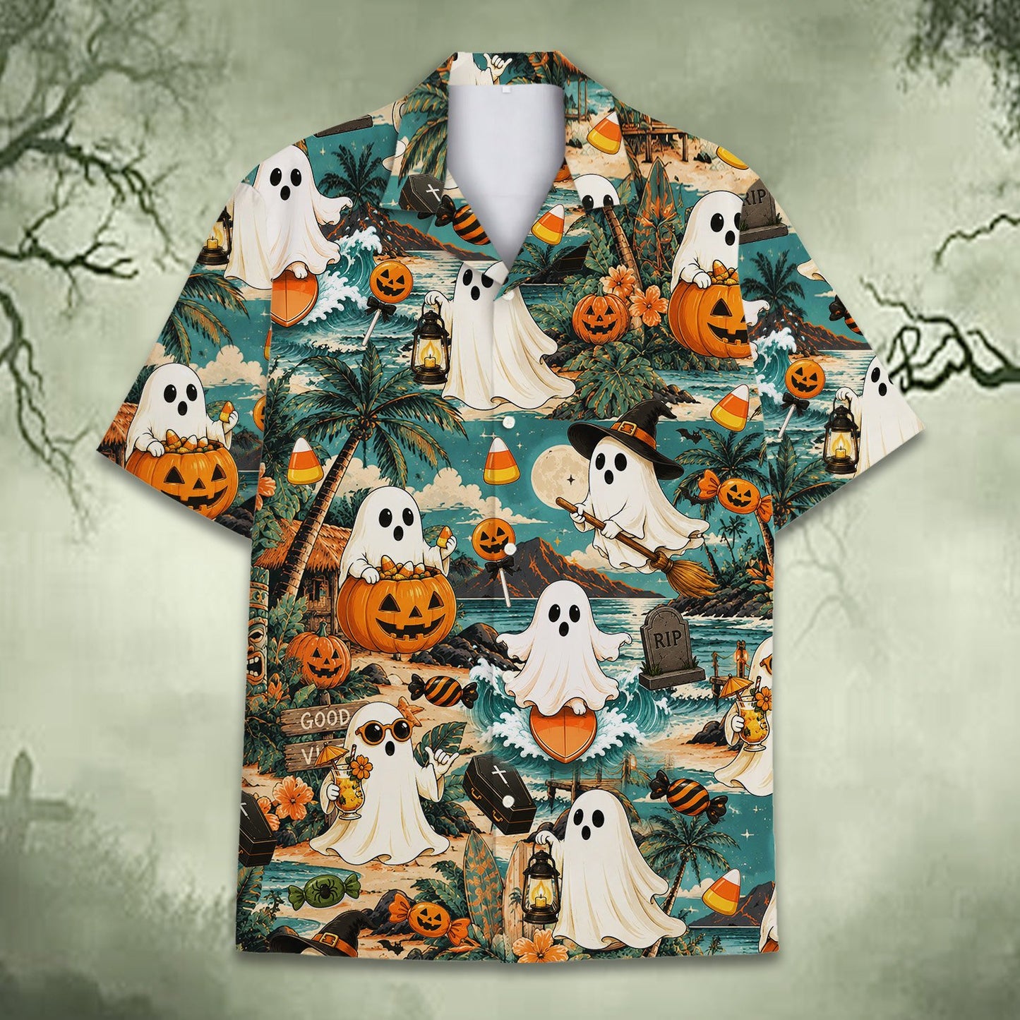 Detailed front view of the holiday hawaiian shirt