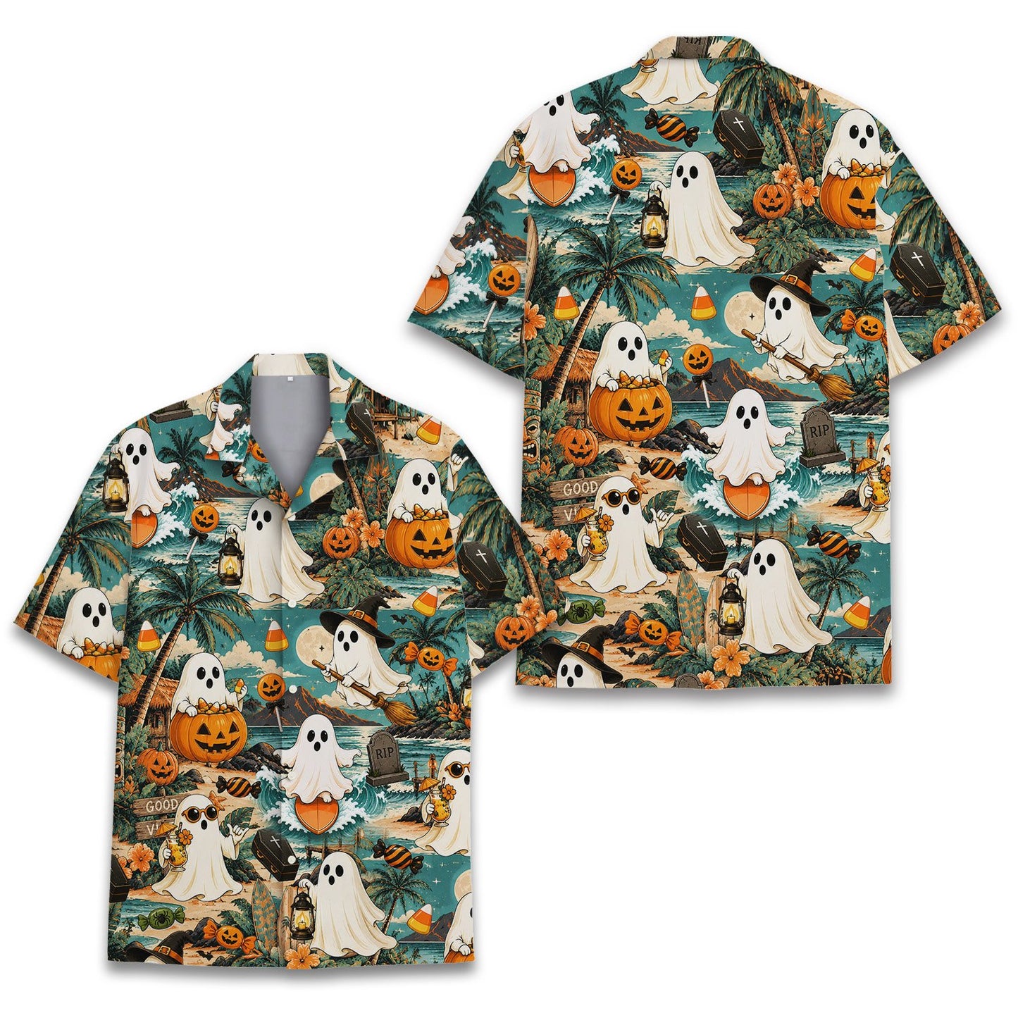 Front view of the teal halloween beach hawaiian shirt
