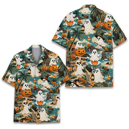 Front view of the teal halloween beach hawaiian shirt