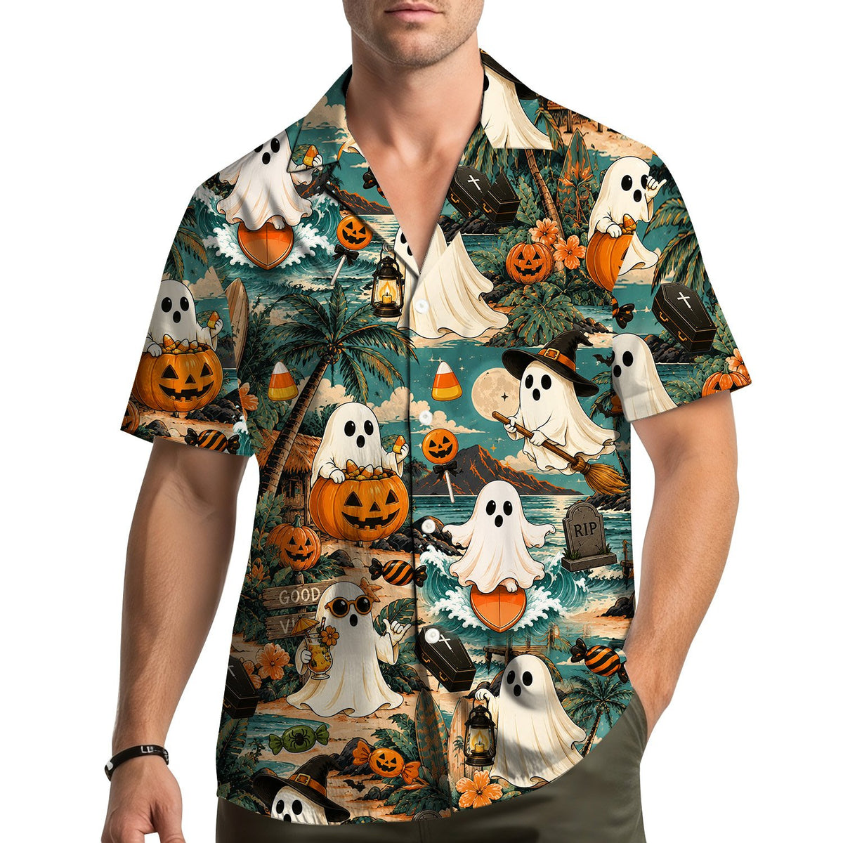 Second alternative view of the halloween themed hawaiian shirt