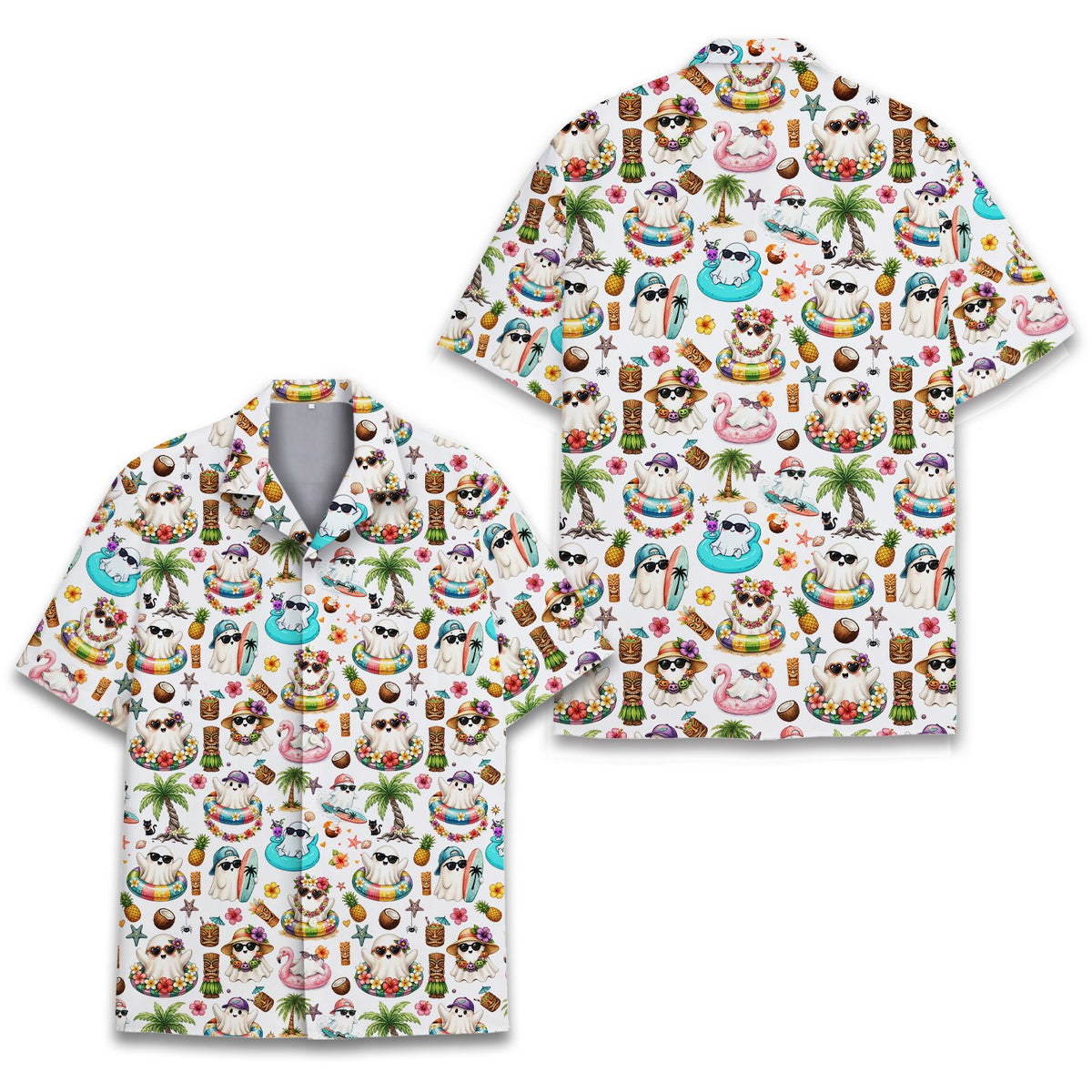 Front angle view of the white hawaiian shirt with cartoon ghosts