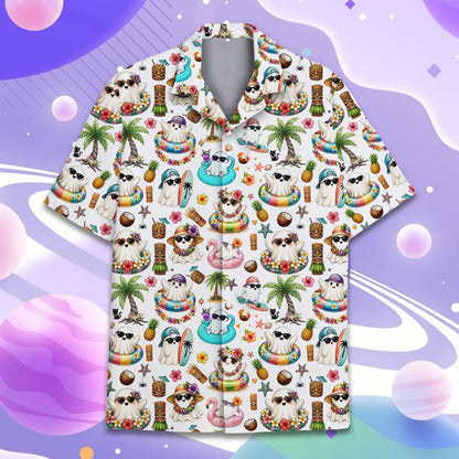 Close up front view showing palm trees and tiki masks on the shirt