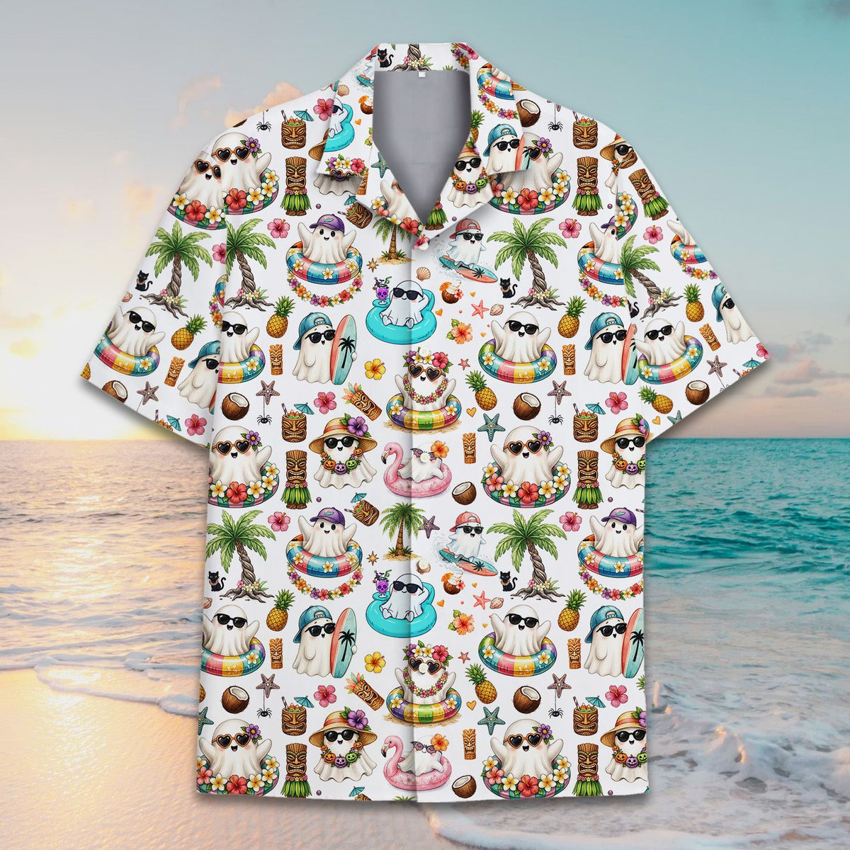 Styled front view of the halloween beach hawaiian shirt