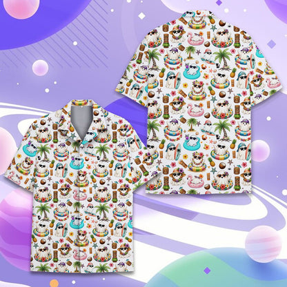 Main view of the halloween beach hawaiian shirt featuring surfing ghosts on a white background