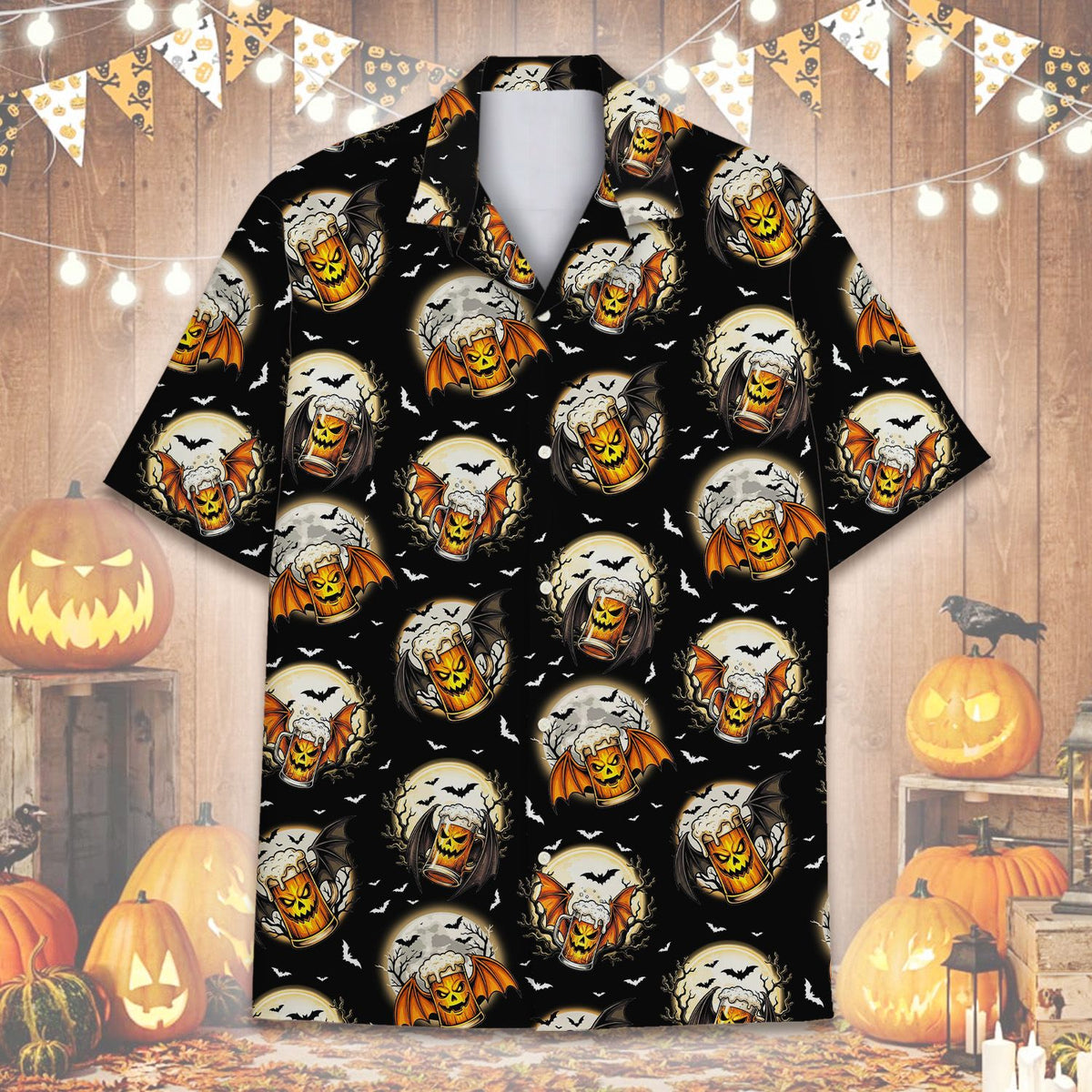 Close up front view of the scary beer mug pattern on the holiday hawaiian shirt